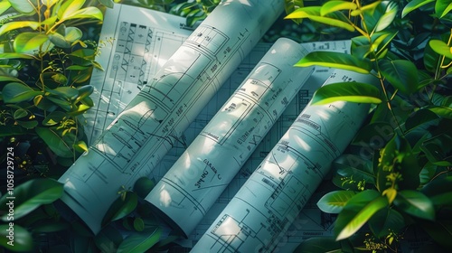 Rolled Blueprints Set Against a Backdrop of Lush Green Plants, Symbolizing Environmentally Conscious Building Designs and Sustainable Architecture in Modern Construction Practices