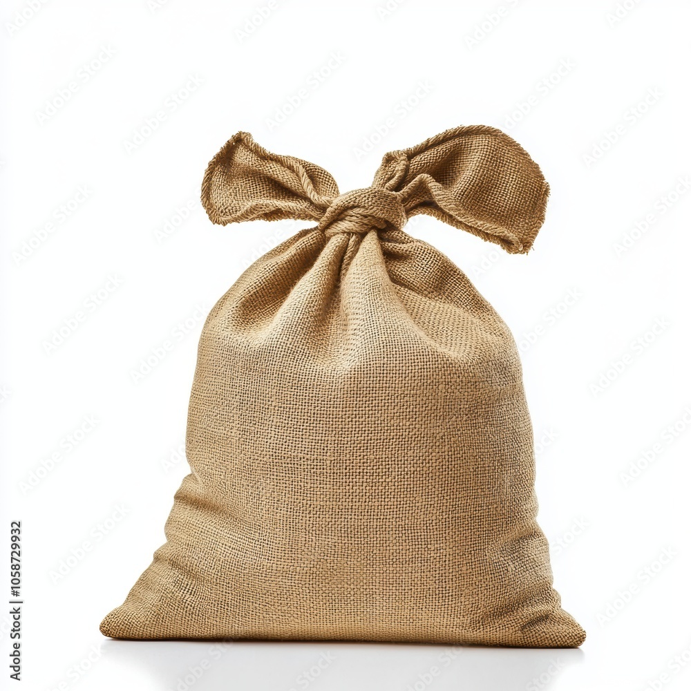 Hessian sack tied at the top, displayed on a white isolated background.