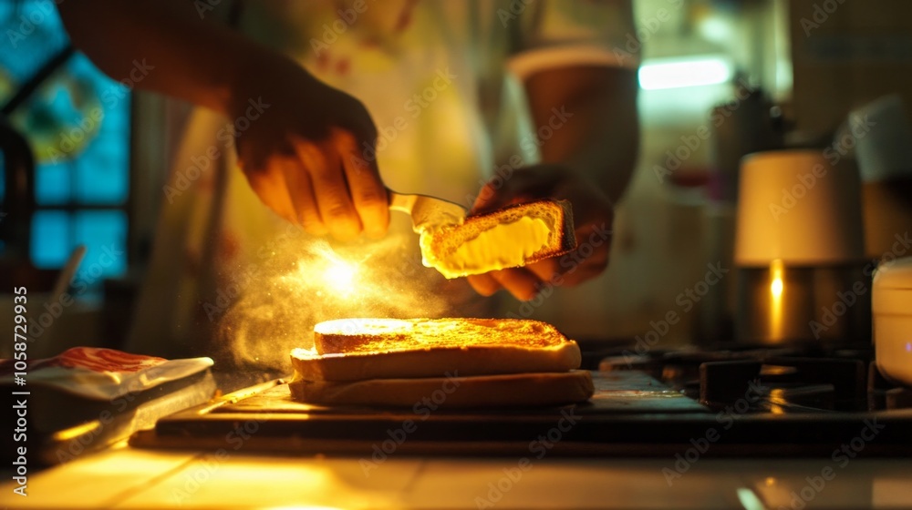 A person is cutting a piece of bread with a knife A person is cutting a piece of bread with a knife
