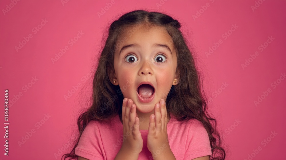 A young girl with brown hair and a pink shirt is making a surprised face A young girl with brown hair and a pink shirt is making a surprised face