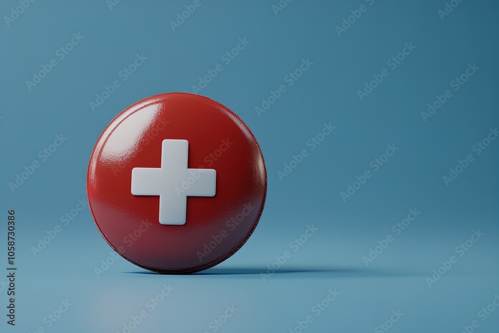 Fototapeta premium Red Round Button With a White Cross Symbol Against a Blue Background in a Minimalistic Design Setting