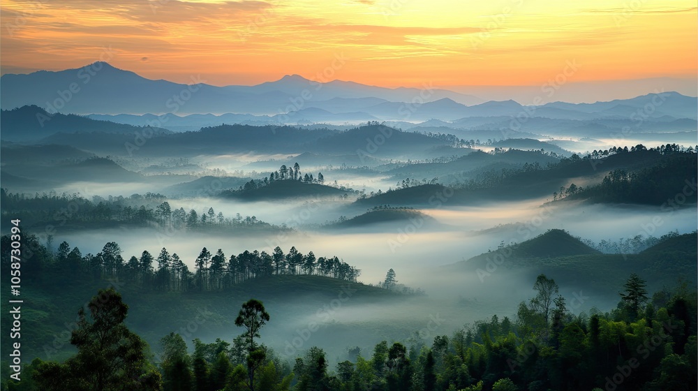 Fototapeta premium Beautiful sunrise at misty morning mountains