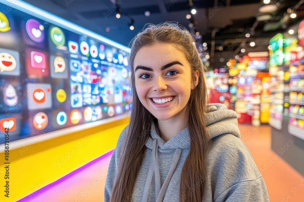 A cheerful young woman smiles confidently in a vibrant, modern store filled with colorful displays and playful emojis. A cheerful young woman smiles confidently in a vibrant, modern store filled with colorful displays and playful emojis.
