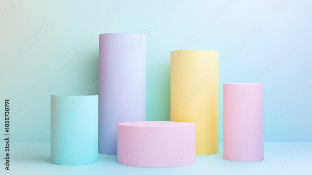 Cylinders podiums of pastel colours, clean blue background. Aesthetic product template. Generative AI Cylinders podiums of pastel colours, clean blue background. Aesthetic product template. Generative AI