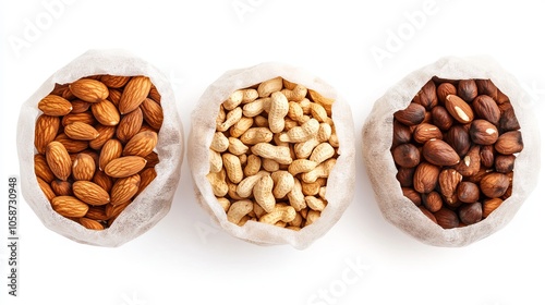 An isolated top view of bags of nuts against a white backdrop. 