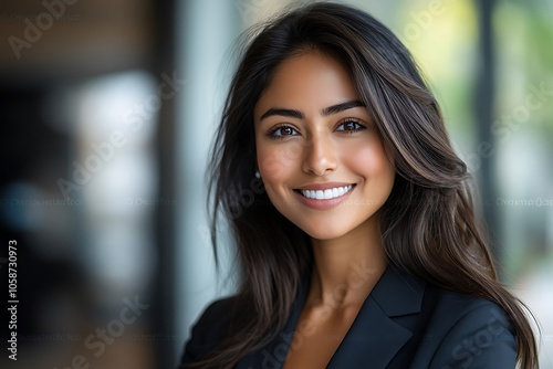 Confident Female Entrepreneur with Long Brown Hair Smiling