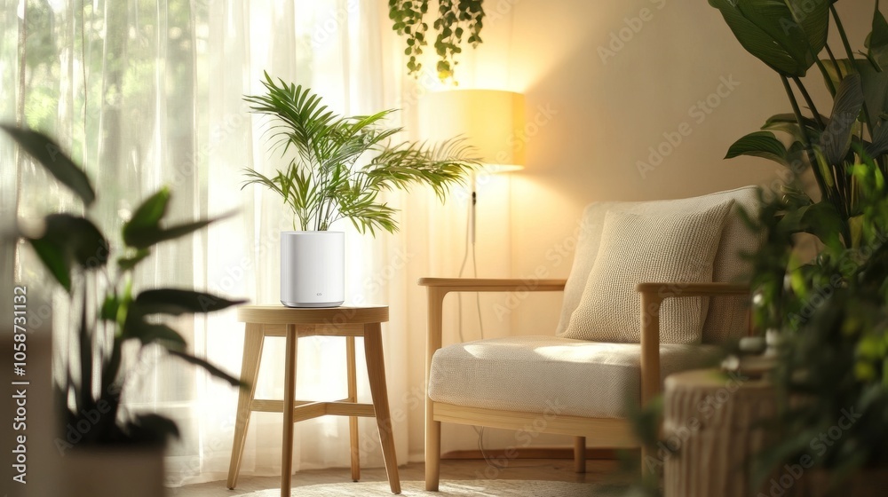 Bright living room with a cozy armchair, Wi-Fi router on a side table, surrounded by houseplants and soft lighting, creating a peaceful, connected space Bright living room with a cozy armchair, Wi-Fi router on a side table, surrounded by houseplants and soft lighting, creating a peaceful, connected space