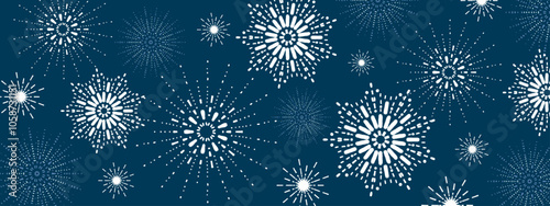 Sophisticated seamless pattern showcasing bright white fireworks against a deep blue background. This festive design is ideal for New Year and celebratory themes.