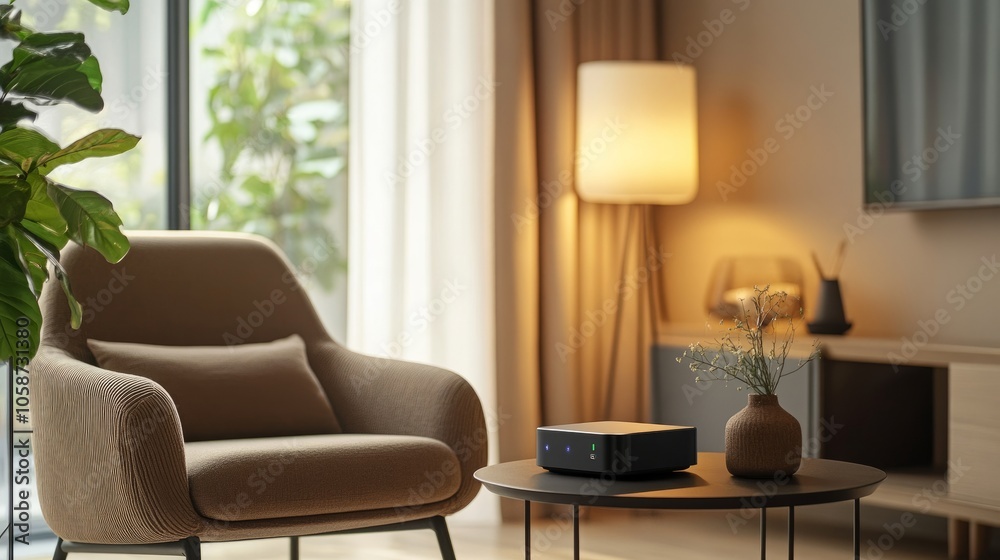 Fototapeta premium Comfortable living room with armchair, Wi-Fi router on a sleek table, and warm decor accents, creating a cozy, connected retreat