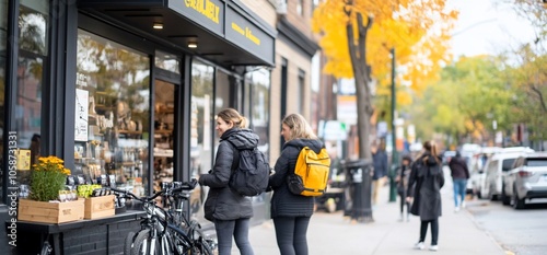 Two women walking past a storefront on a city street.