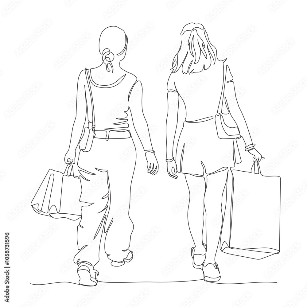 2 young women with shopping bags walking away. Back view. Sale season. Continuous one line drawing. Black and white vector in line art style. 2 young women with shopping bags walking away. Back view. Sale season. Continuous one line drawing. Black and white vector in line art style.