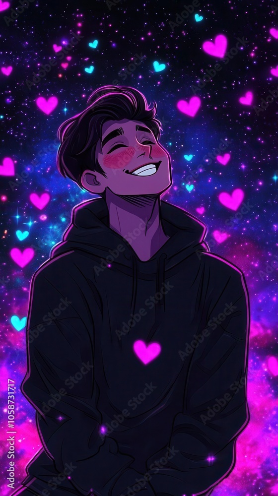 A vibrant illustration of a smiling young man surrounded by colorful hearts, evoking feelings of joy and affection. A vibrant illustration of a smiling young man surrounded by colorful hearts, evoking feelings of joy and affection.