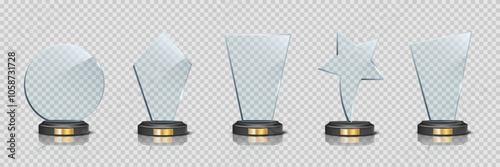 Glass award trophy set. Crystal winner prizes on transparent background. Acrylic winner cups. Realistic vector illustration set of trophy for sport competition, business achievement, recognition.