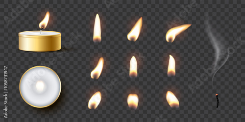 Candle flames. Candlelight fires vector illustration set. Realistic flame light on wick of candlestick, small romantic glow flare in night, collection isolated on transparent background.