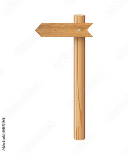 3d wooden signboard vector illustration. Realistic wood sign post. Blank arrow with wood texture, plywood road pointer. City guidance.