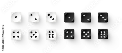 Game dices. White and black dies from one to six dots vector illustration set isolated on transparent background. 3d realistic gambling dices to play in casino, backgammon, table games.