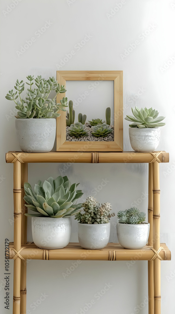 Photo of Succulents and Cacti on a Bamboo Shelf with a White Background