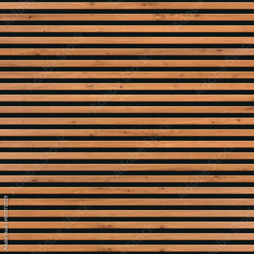 Wooden panel wall background. Horizontal wooden planks with seamless pattern creating rustic backdrop. Light and dark stripes emphasize texture and natural wood grain. Furniture design.