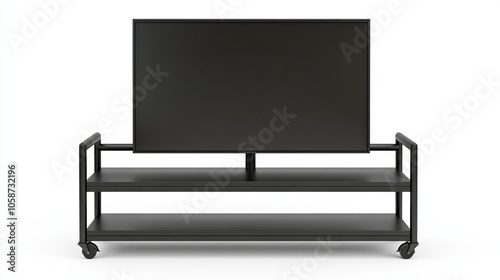 Isolated on a white background is a black metal television stand on wheels with a flat screen.