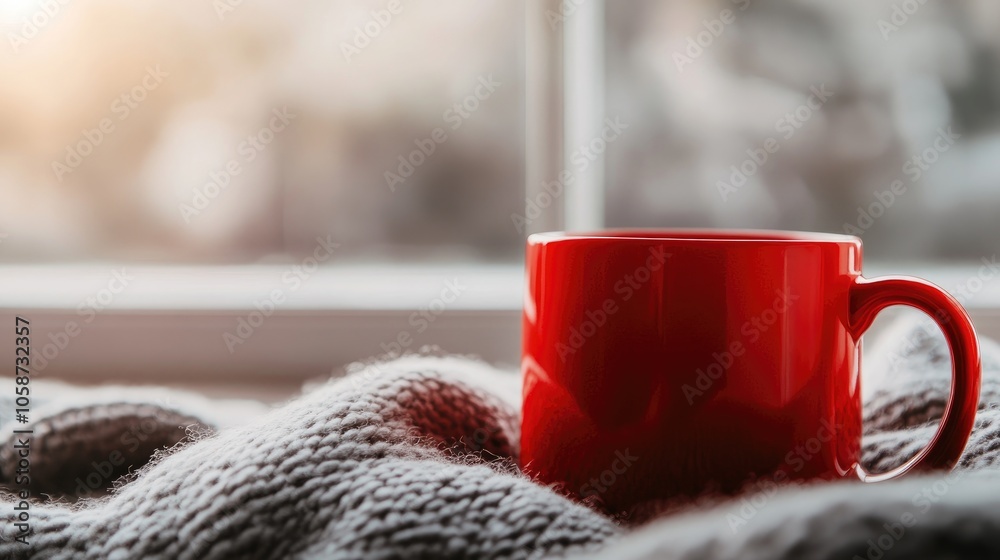 A vibrant red coffee mug is placed on a soft blanket forming a warm and welcoming atmosphere A vibrant red coffee mug is placed on a soft blanket forming a warm and welcoming atmosphere