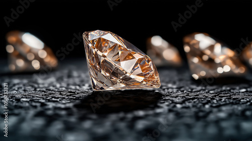 Close-up of multiple sparkling loose diamonds with a warm hue on a textured dark surface, focusing on the intricate facets and high clarity of the gemstones.