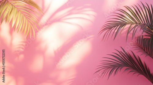 Blurred shadows of palm leaves on a soft pink wall create a minimal abstract background ideal for showcasing products during the spring and summer seasons