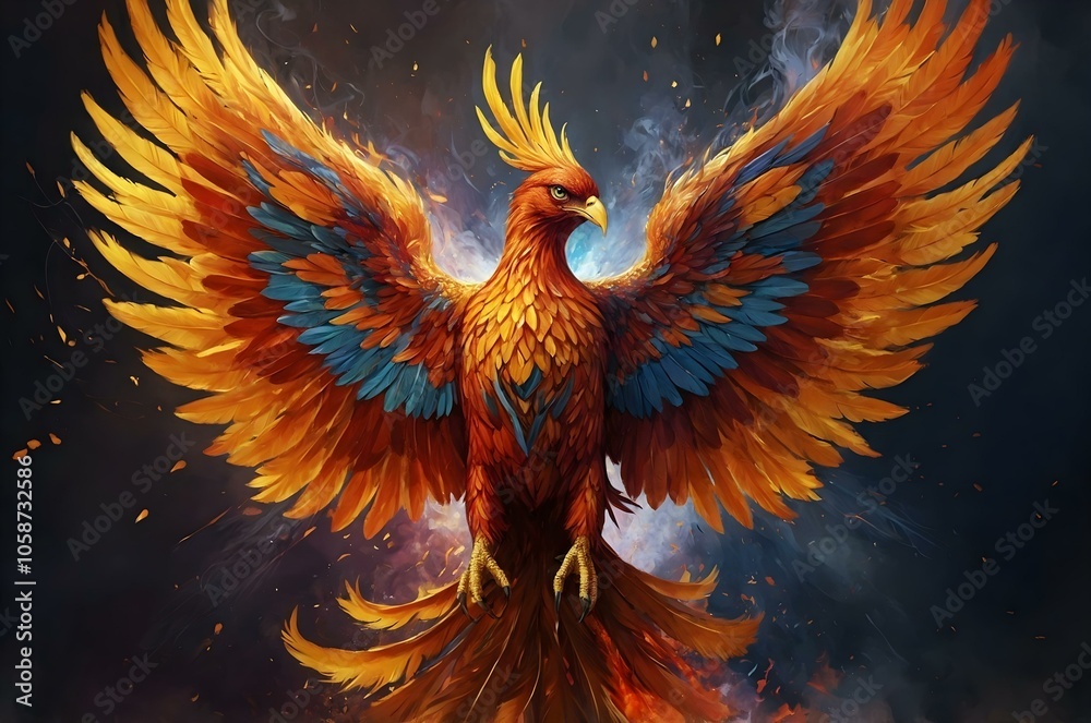 Fototapeta premium An angel digital painting of a phoenix rising from the ashes, with fiery feathers in vivid shades of orange, red, and gold. Symbolizing rebirth, it glows with an intense, mystical light.