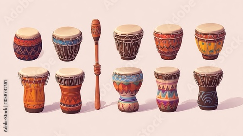 Cartoon musical instruments with traditional ornamentation, like cuica drums, carnival band djembe, or African and Brazilian vector Africa or Latin folk percussion drums with drumsticks photo