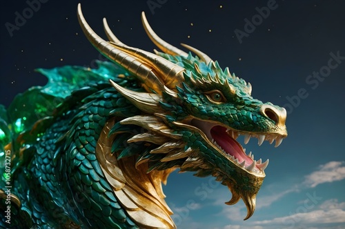 Magnificent green and gold dragon head sculpture with vibrant scales and intense gaze, illuminated from within, perfect for fantasy and mythology themes photo