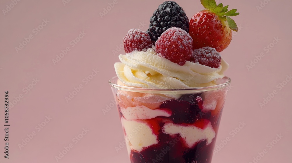 Berry dessert parfait served in a glass cup Berry dessert parfait served in a glass cup
