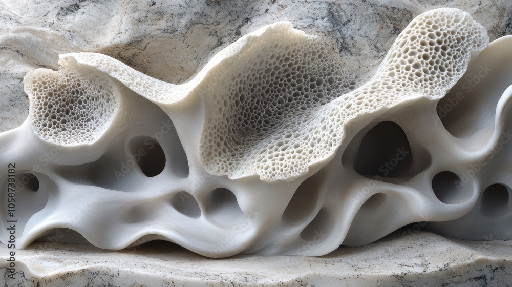 Abstract White Marble Sculpture with Circular Patterns and Cavities Abstract White Marble Sculpture with Circular Patterns and Cavities