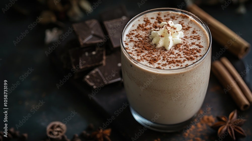 Chocolate and cinnamon milkshake served in a glass on a dark tabletop Chocolate and cinnamon milkshake served in a glass on a dark tabletop