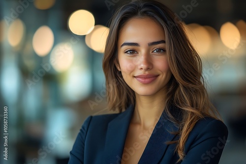 Confident Female Executive with Long Hair in Blue Blazer Smiling