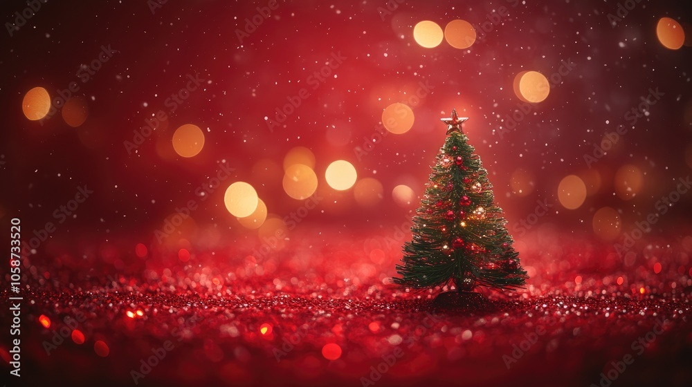 Christmas backdrop featuring a festive tree and sparkling bokeh lights on a red canvas perfect for a winter holiday greeting card Space available for personalized text