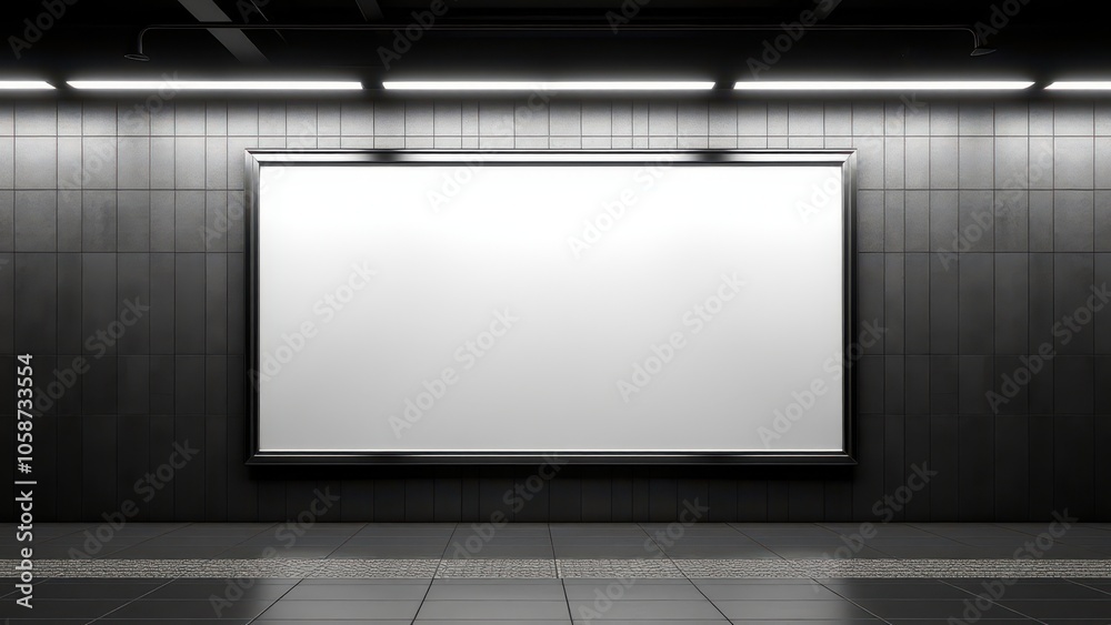 Urban subway movie poster mockup with an empty poster slot on a tiled wall, ideal for film ads or branding in a realistic public transit scene. Urban subway movie poster mockup with an empty poster slot on a tiled wall, ideal for film ads or branding in a realistic public transit scene.