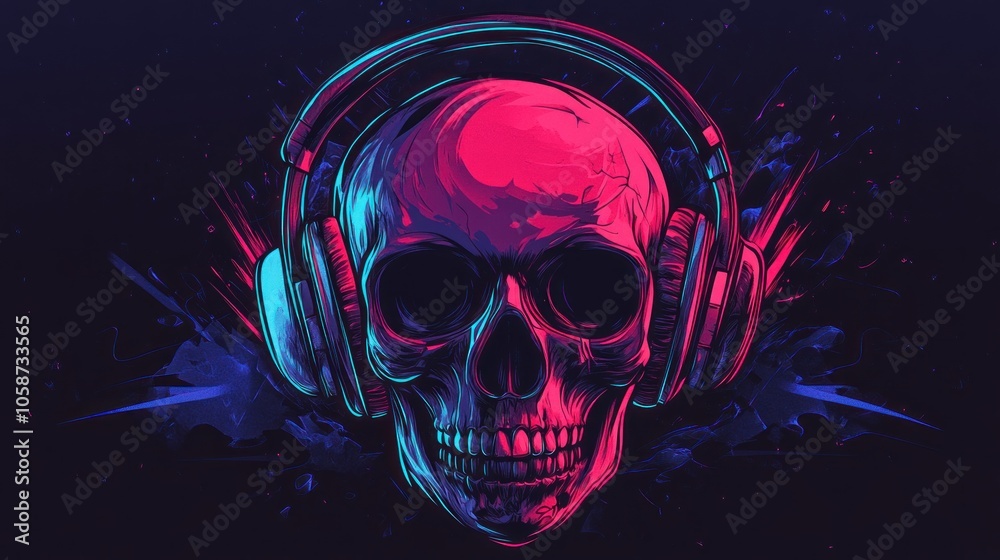 A neon skull with headphones on a dark background.