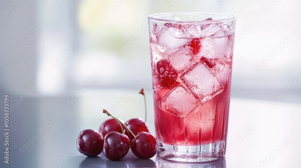 Chilled cherry flavored beverage served with ice in a glass Chilled cherry flavored beverage served with ice in a glass