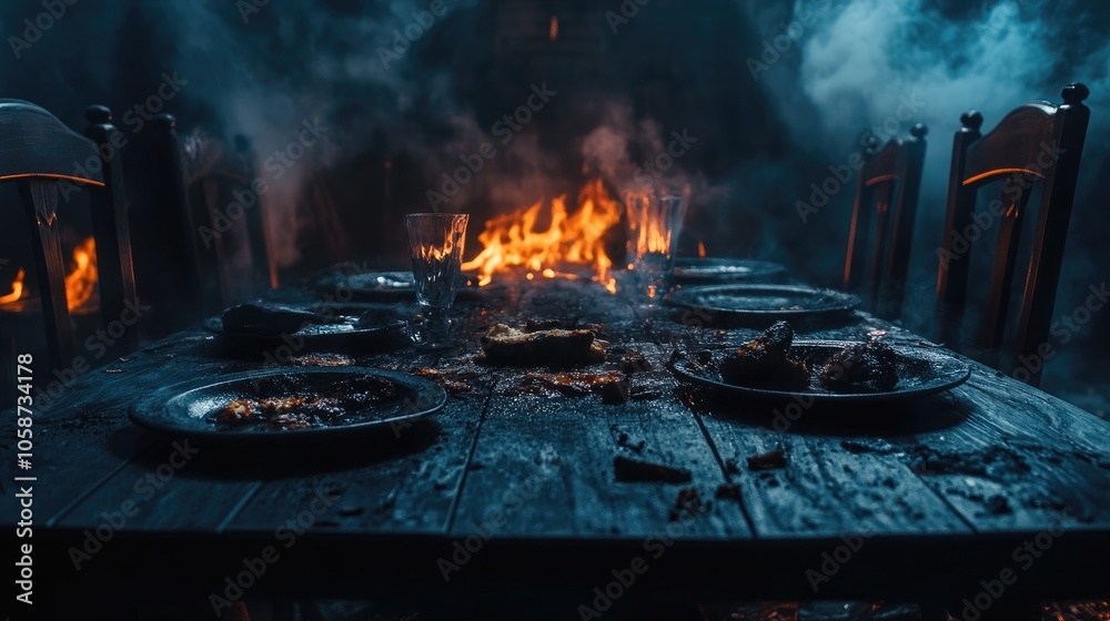 Burnt meal on the table unappetizing and inedible with no one present