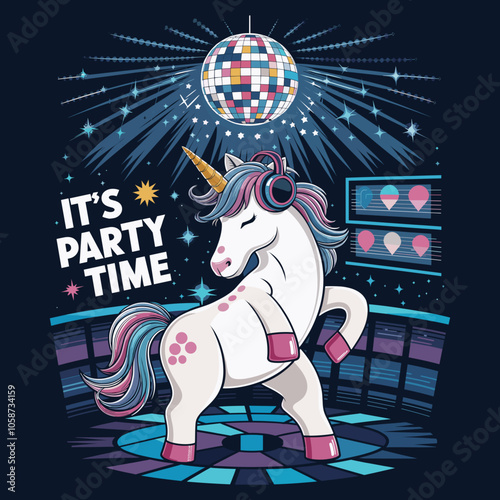 Dancing Unicorn at Disco Party with Headphones and Glittering Lights - Design for T-Shirts