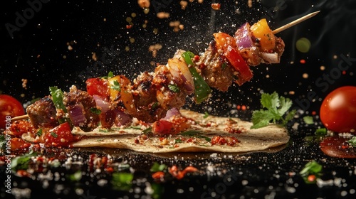 A skewer of grilled meat with peppers, onions, and tomatoes flying through the air over a flatbread with spices and herbs on a black background.