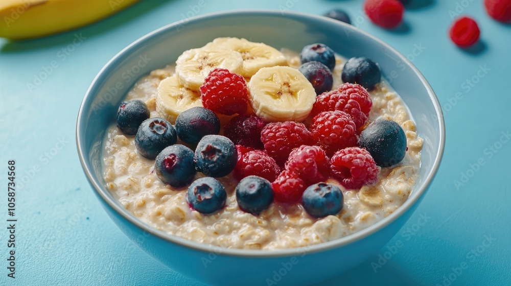 Bowl of oatmeal porridge topped with assorted berries and banana on a blue surface Nutritious and diet friendly breakfast option Bowl of oatmeal porridge topped with assorted berries and banana on a blue surface Nutritious and diet friendly breakfast option
