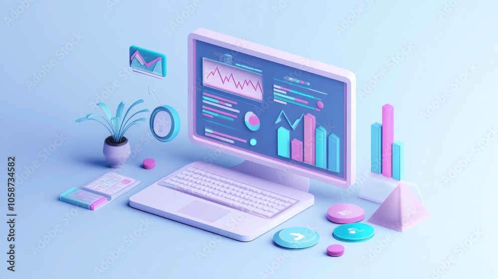 A 3D isometric illustration of a computer displaying data, charts, and graphs with a plant and other design elements. A 3D isometric illustration of a computer displaying data, charts, and graphs with a plant and other design elements.
