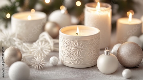 Christmas themed candles surrounded by white ornaments on a table