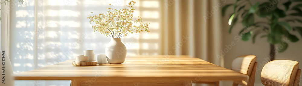 3D Illustration of a Sunlit Wooden Dining Table with Flowers 3D Illustration of a Sunlit Wooden Dining Table with Flowers