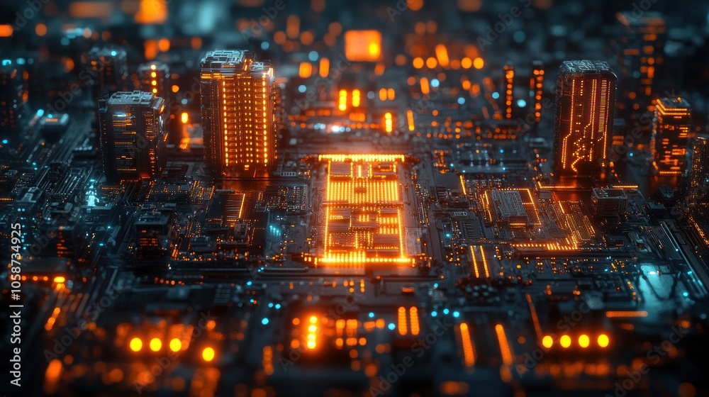 Fototapeta premium Futuristic cityscape resembling a circuit board with glowing elements.