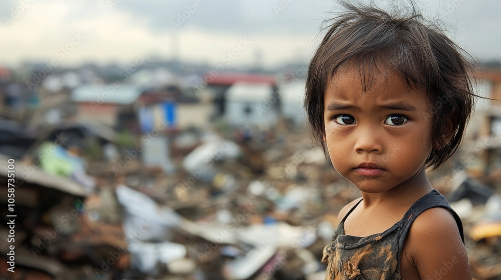 Child in tattered clothing amidst a devastated urban landscape following a conflict or natural disaster Child in tattered clothing amidst a devastated urban landscape following a conflict or natural disaster