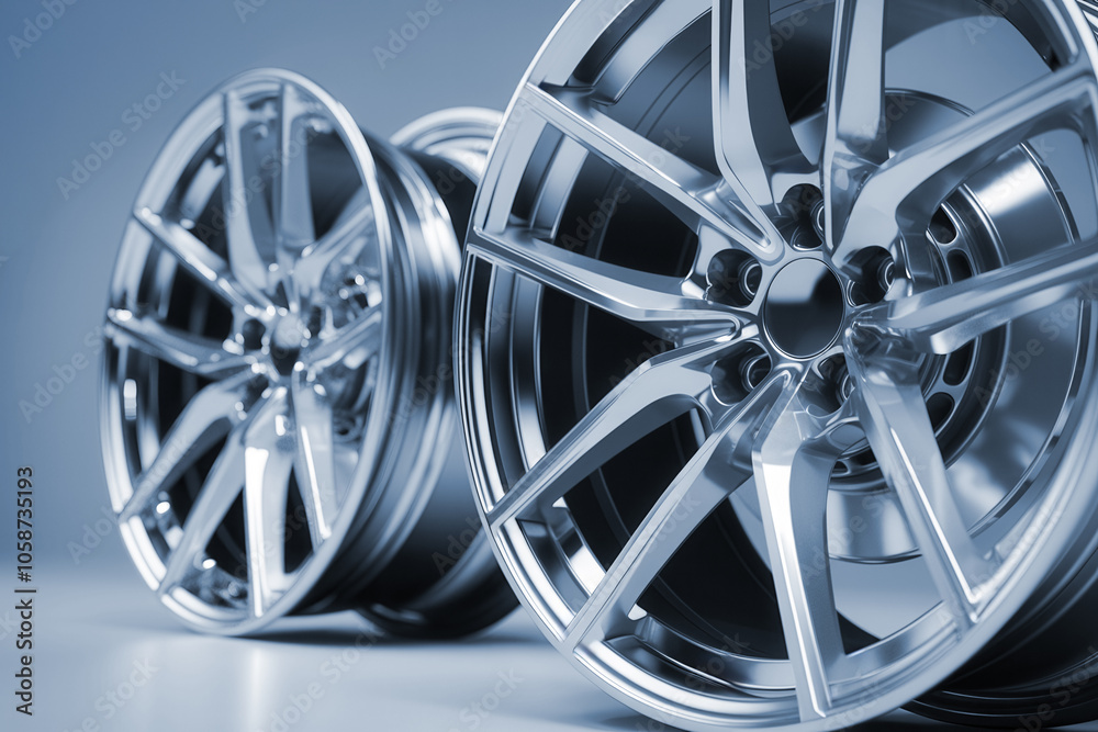 Obraz premium Two elegant, powerful aluminum rims in close-up, arranged, with reflective surfaces on blue-gray background
