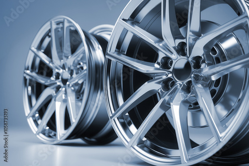 Two elegant, powerful aluminum rims in close-up, arranged, with reflective surfaces on blue-gray background
