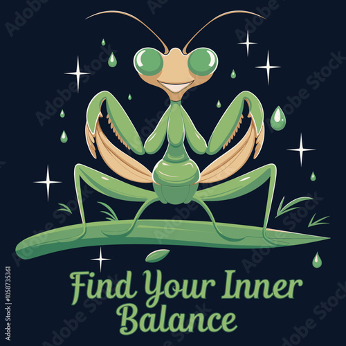 T-Shirt Design of a Yoga-Inspired Praying Mantis Illustration - Find Your Inner Balance