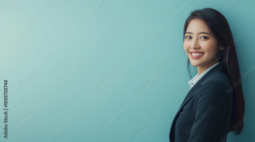 A woman in a suit smiling against a light blue background. A woman in a suit smiling against a light blue background.